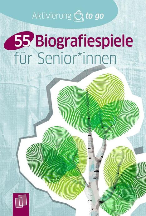 "55 Biografiespiele für Senior*innen" steht in der Mitte. Im Hintergrund sind grüne Blätter als Fingerabdrücke illustriert.