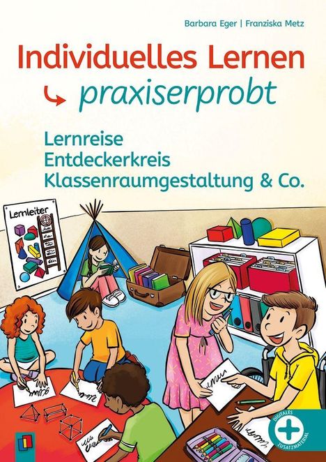 „Individuelles Lernen praxiserprobt“ gefolgt von „Lernreise, Entdeckerkreis, Klassenraumgestaltung & Co.“ Illustration mit Kindern.
