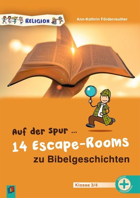 "Auf der Spur... 14 Escape-Rooms zu Bibelgeschichten." Ein offenes Buch vor Sonnenuntergang und ein Detektiv-Illustration.