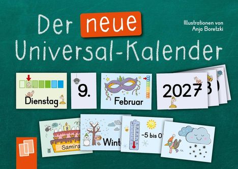 "Der neue Universal-Kalender" steht auf grüner Tafel. Illustrationen von Tagen, Monaten, Jahreszeiten und Temperaturen.
