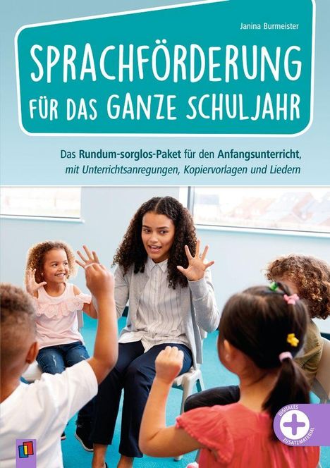 Text: "SPRACHFÖRDERUNG FÜR DAS GANZE SCHULJAHR." Eine Lehrerin mit Kindern in einem Kreis, sie spielen oder kommunizieren enthusiastisch.
