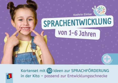 "Sprachentwicklung von 1-6 Jahren" - Titel. Kind mit Dutt-Frisur und Latzhose lächelt und zeigt auf seinen Mund, lila Hintergrund.