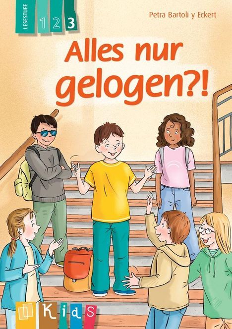Titel: "Alles nur gelogen?!". Illustration von Kindern, die auf einer Treppe diskutieren.
