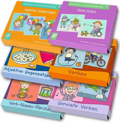 Mehrere bunte Boxen mit Titeln wie "Starke Verben" und "Gereimte Verben", Illustrationen von spielenden Kindern.