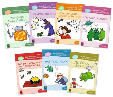 Buchtitel: "Eine Reise in die Zukunft", "Das verhexte Haus", "Der verrückte Doktor Käferauge", "Die Aliens kommen". Illustration.