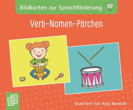 "Bildkarten zur Sprachförderung: Verb-Nomen-Pärchen." Illustration: Kind spielt Trommel; daneben Trommel mit Stöcken.