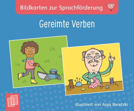 "Bildkarten zur Sprachförderung: Gereimte Verben. Zwei Illustrationen: Kind mit Rasenmäher und Mann beim Nähen."