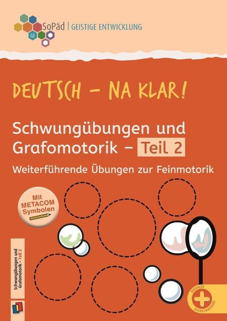 "Deutsch – Na klar! Schwungübungen und Grafomotorik – Teil 2" auf orangefarbenem Hintergrund mit Kreisen.