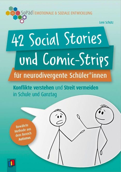 "42 Social Stories und Comic-Strips", zwei Strichmännchen interagieren in einer Sprechblase, bunte Logos oben links.
