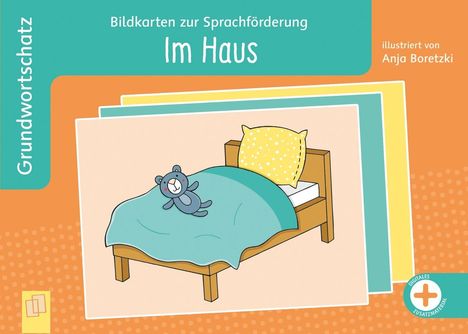 "Bildkarten zur Sprachförderung: Im Haus", Illustration: Bett mit Teddy, Decke und Kissen. Grundwortschatz links.