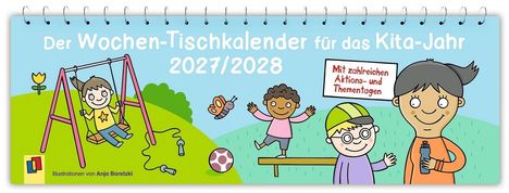 "Der Wochen-Tischkalender für das Kita-Jahr 2027/2028." Illustration zeigt spielende Kinder im Freien.