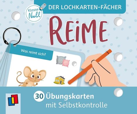 "DER LOCHKARTEN-FÄCHER REIME. Was reimt sich? 30 Übungskarten mit Selbstkontrolle. Illustration einer Maus und Hand."