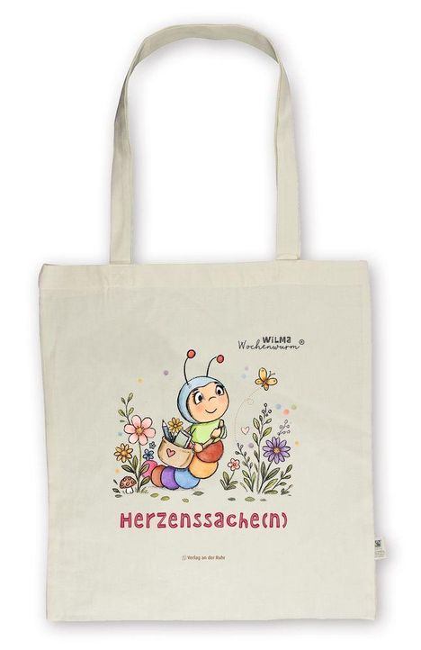 Text: "Wilma Wochenwurm", "Herzenssache(n)". Illustration: Ein fröhlicher Wurm mit buntem Körper, Blumen, Schmetterling.