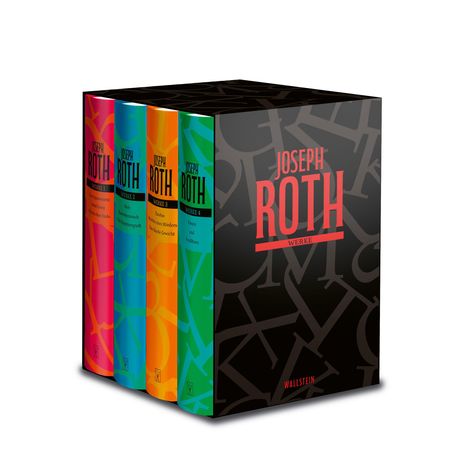 „Joseph Roth: Werke“ in kräftigen Farben, Bücherbox mit vier Bänden, Aufschrift "Wallstein", dekorative Buchstaben.