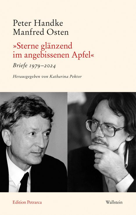 Titel: "Sterne glänzend im angebissenen Apfel", Briefe 1979–2024. Herausgegeben von Katharina Pektor. Schwarz-weiß Fotos von zwei Männern.