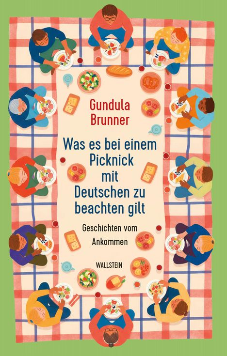 "Gundula Brunner: Was es bei einem Picknick mit Deutschen zu beachten gilt". Illustration eines Picknicks auf kariertem Tuch.