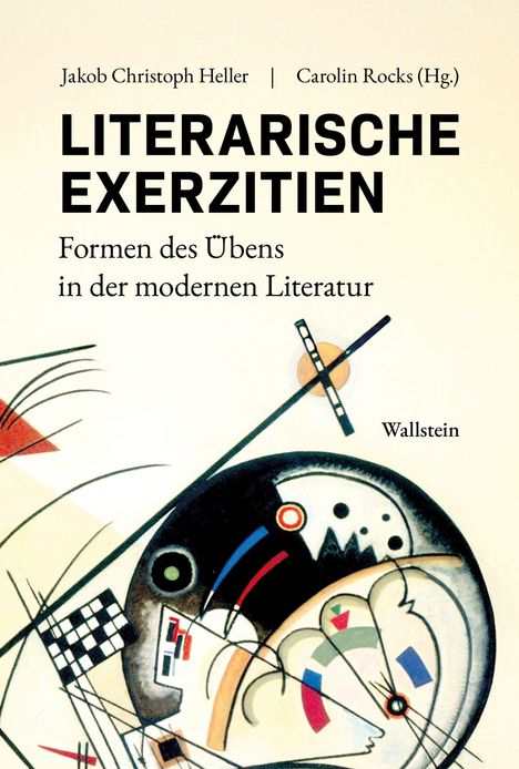 Text: Literarische Exerzitien, Formen des Übens in der modernen Literatur. Unten geometrische, bunte Formen.