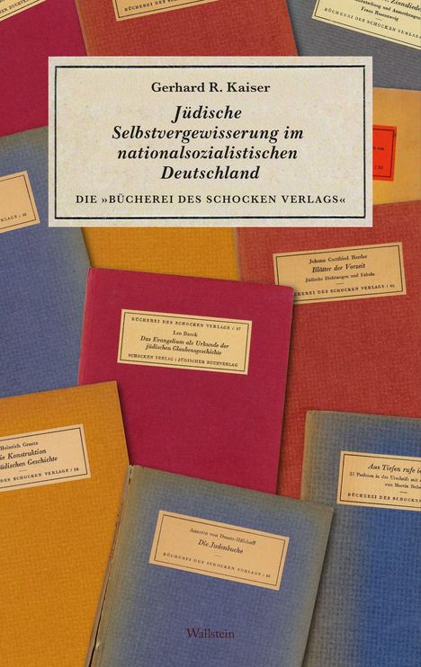 Bücher mit Titeln historischer jüdischer Themen; mittig: „Jüdische Selbstvergewisserung im nationalsozialistischen Deutschland“.