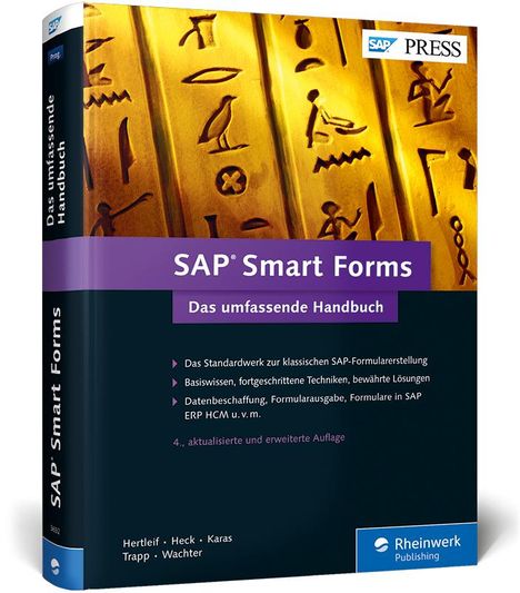 „SAP Smart Forms – Das umfassende Handbuch“. Buchcover mit Hieroglyphen und Logo. Text zu Inhalten und Autoren.