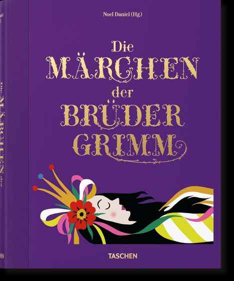 "Die Märchen der Brüder Grimm" in Gold auf lila Hintergrund. Illustration: Schlafende Frau mit buntem Kopfschmuck.