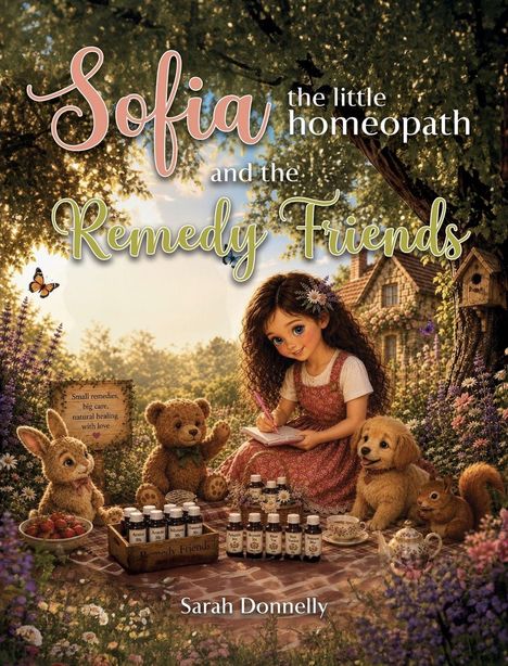 „Sofia the little homeopath and the Remedy Friends“. Ein Mädchen mit Tieren und homöopathischen Fläschchen im Garten.
