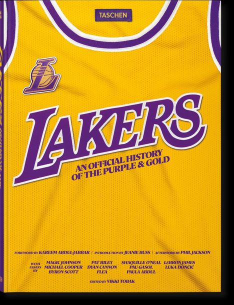 Gelber Hintergrund mit lila Texten: "LAKERS", "An Official History of the Purple & Gold". Basketballtrikot mit Logo.