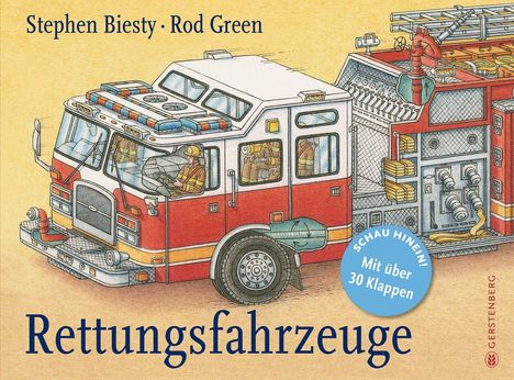 Oben: "Stephen Biesty · Rod Green". Unten: "Rettungsfahrzeuge". Illustration eines Feuerwehrautos.