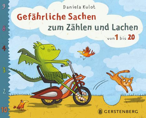 „Gefährliche Sachen zum Zählen und Lachen von 1 bis 20“ steht auf einer Illustration mit einem Drachen auf einem Fahrrad.