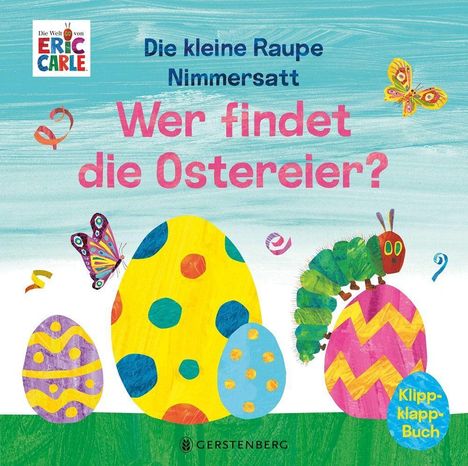 "Wer findet die Ostereier?" steht auf einer farbenfrohen Illustration mit Eiern, Schmetterling und Raupe.
