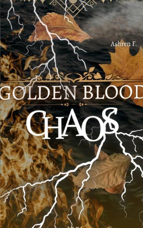 "Golden Blood CHAOS" steht in großer Schrift. Blätter und Blitze umgeben die Schrift auf einem dunklen Hintergrund.