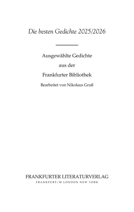 Titel: "Die besten Gedichte 2025/2026". Gedichte aus der Frankfurter Bibliothek, bearbeitet von Nikolaus Gruß. Verlagsname unten.