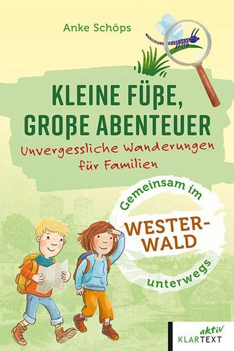 Text: "Kleine Füße, große Abenteuer. Unvergessliche Wanderungen für Familien. Gemeinsam im Westerwald unterwegs."
Illustration: Zwei Kinder mit Rucksäcken, Lupe mit Libelle.