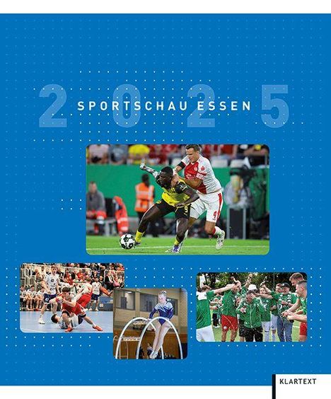 "SPORTSCHAU ESSEN 2025" in großer Schrift, mit Sportbildern darunter: Fußballspiel, Handball, Turnen, Teamfeier.