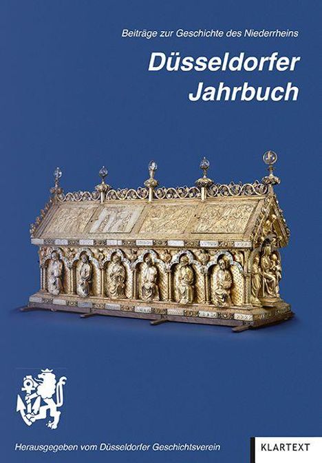 Text: "Beiträge zur Geschichte des Niederrheins. Düsseldorfer Jahrbuch." Darstellung: Goldener Schrein auf blauem Hintergrund.