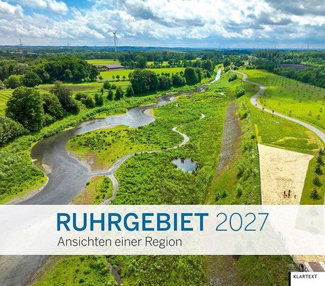 "RUHRGEBIET 2027: Ansichten einer Region" steht über einer grünen Landschaft mit Fluss und Kiefern.