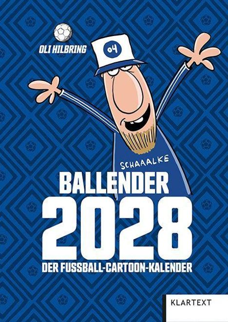 "BALLENDER 2028: Der Fußball-Cartoon-Kalender." Illustration: Cartoonfigur in Fußballtrikot.