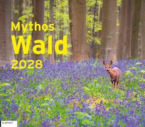 Text: Mythos Wald 2028. Ein Reh steht in einem lila Blumenteppich, umgeben von hohen Bäumen.