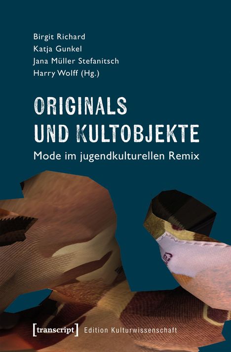 Buchtitel „ORIGINALS UND KULTOBJEKTE“ auf blauem Hintergrund, mit abstraktem Kunstwerk unten.