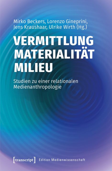 Blauer Hintergrund mit weißen Texten: „VERMITTLUNG MATERIALITÄT MILIEU“ und „Studien zu einer relationalen Medienanthropologie“.