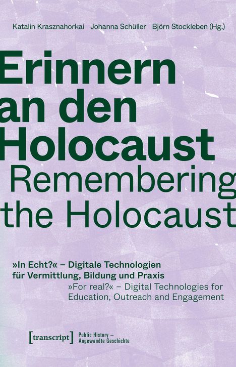 Titel: Erinnern an den Holocaust. Thema: Digitale Technologien für Vermittlung. Hintergrund: Lila mit Mustern.