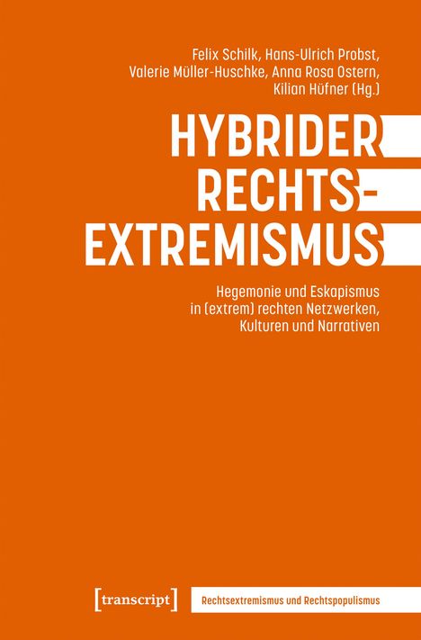 „HYBRIDER RECHTS-EXTREMISMUS“ steht in großen weißen Buchstaben auf orangefarbenem Hintergrund.