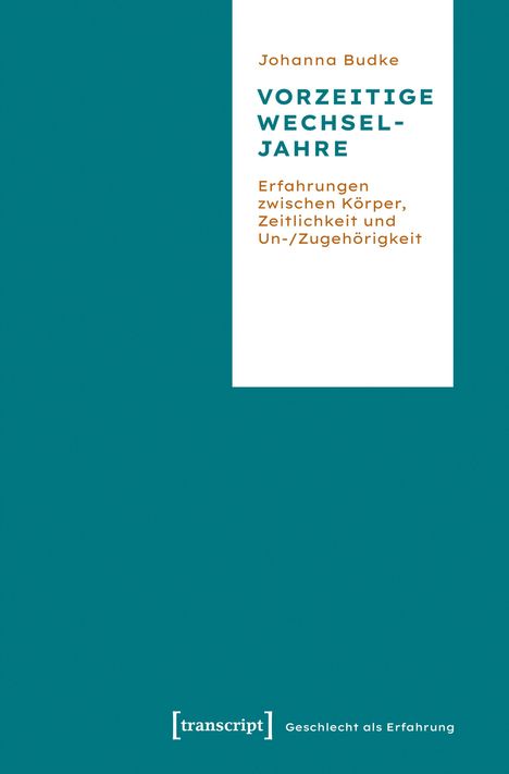 Text: Johanna Budke, VORZEITIGE WECHSELJAHRE, Erfahrungen zwischen Körper, Zeitlichkeit und Un-/Zugehörigkeit. Hintergrund: Türkis.