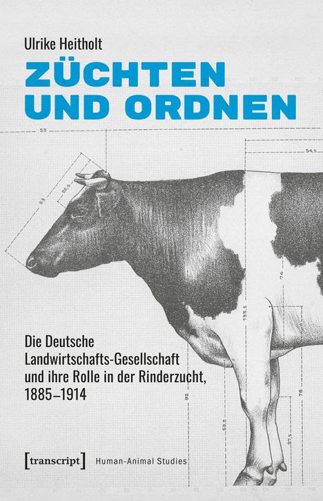 "Züchten und Ordnen" in großen blauen Buchstaben, darunter eine technische Zeichnung einer Kuhseitansicht mit Maßen.