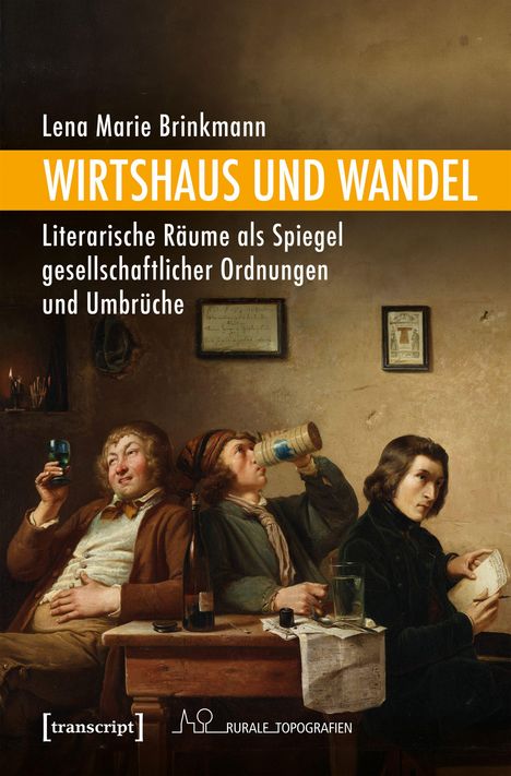 Lena Marie Brinkmann: WIRTSHAUS UND WANDEL. Drei Männer in historischem Interieur, einer trinkt aus einem Krug.