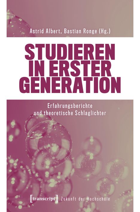 "STUDIEREN IN ERSTER GENERATION" in großer Schrift. Hintergrund in Rosa mit transparenten Blasen.