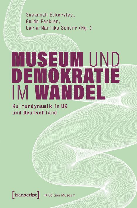 "Museum und Demokratie im Wandel. Kulturdynamik in UK und Deutschland." Grüner Hintergrund, weiße abstrakte Form.