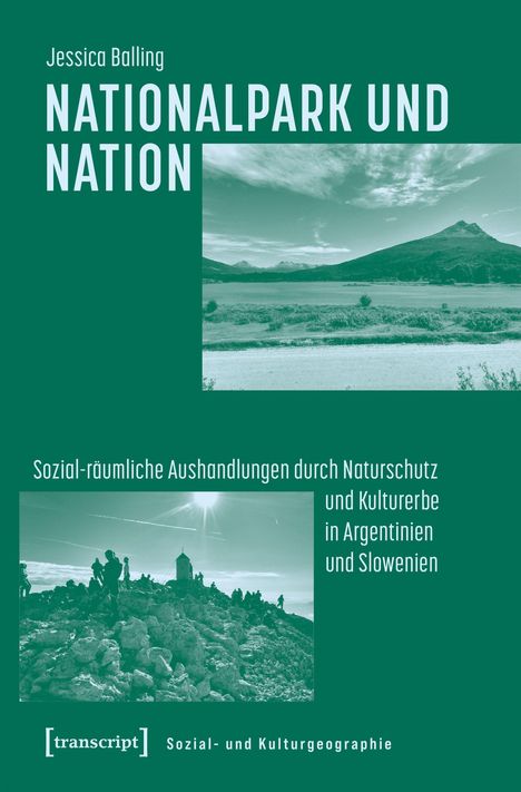 „Jessica Balling: NATIONALPARK UND NATION. Sozial-räumliche Aushandlungen durch Naturschutz und Kulturerbe in Argentinien und Slowenien.“ Zwei Landschaftsfotos zeigen Berge und Natur.
