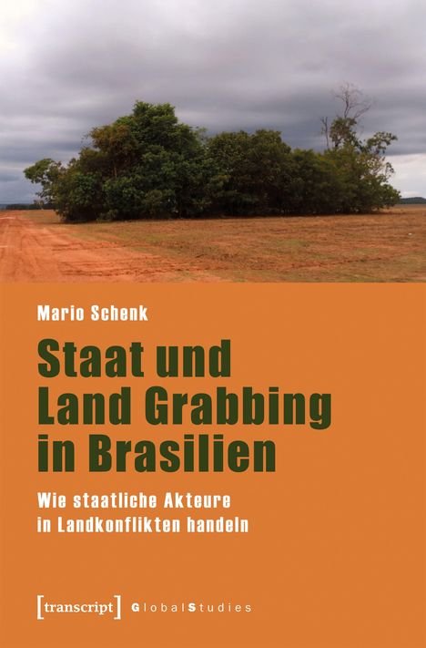 „Staat und Land Grabbing in Brasilien“ von Mario Schenk. Unten: „Wie staatliche Akteure in Landkonflikten handeln“. Im Hintergrund Landschaft.