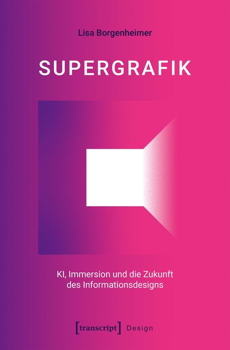 "Lisa Borgenheimer, SUPERGRAFIK, KI, Immersion und die Zukunft des Informationsdesigns" vor pink-violettem Hintergrund.