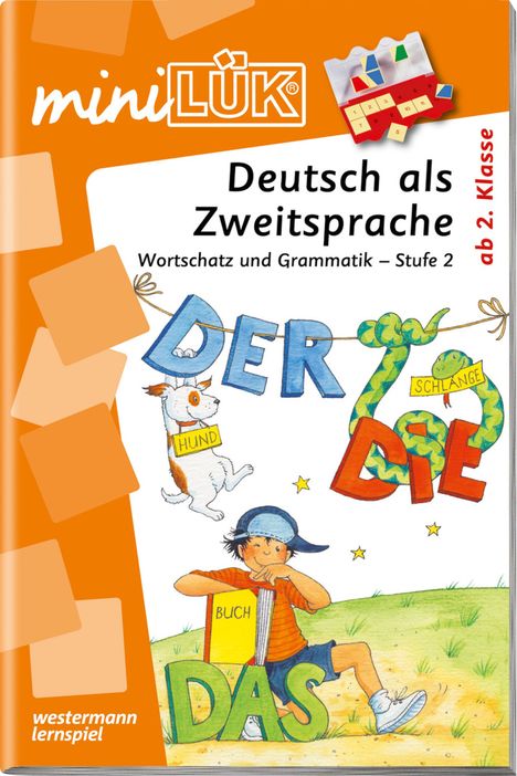 „Deutsch als Zweitsprache“, „DER HUND“, „DIE SCHLANGE“, „DAS BUCH“. Ein Kind mit Kappe, Hund und Schlange. 